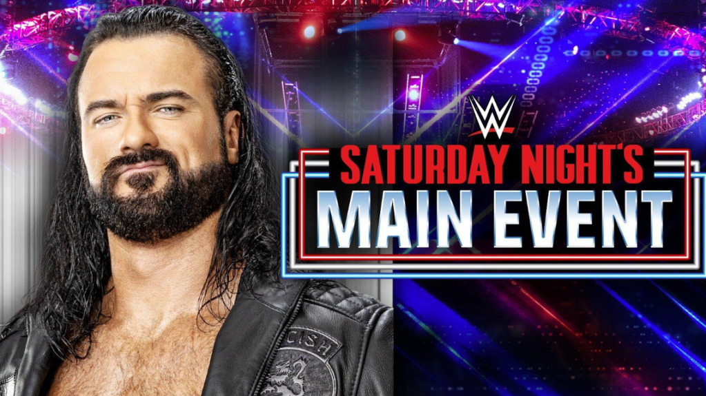 WWE Superstar Drew McIntyre poses on the background of an arena next to the Saturday Night's Main Event logo.